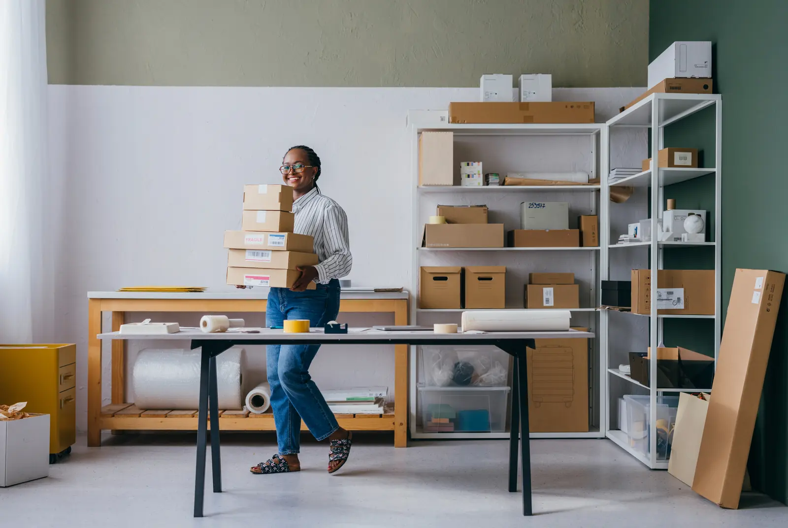 Entrepreneure souriante portant une pile de colis dans son atelier, prête pour l’expédition.